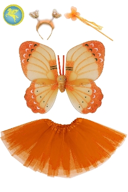 SET FARFALLA ARANCIO 4 PZ(CERCHIETTO, ALI, BACCHETTA E GONNA) BAMBINA